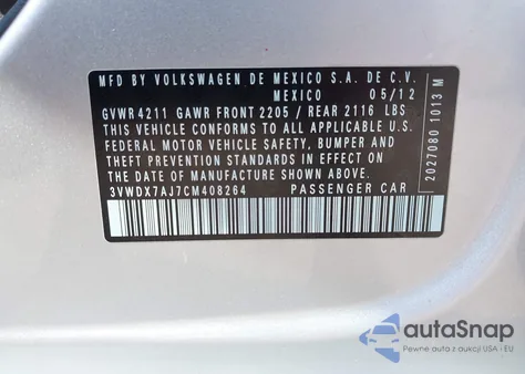 2012 Volkswagen Jetta 2.5L Se from USA, damaged, VIN 3VWDX7AJ7CM408264